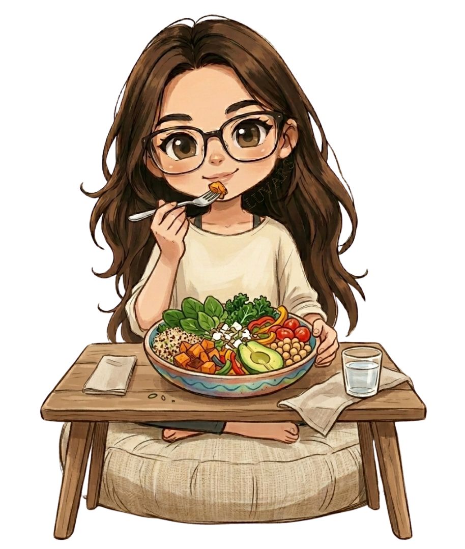 Ilustración de Luza disfrutando una comida saludable