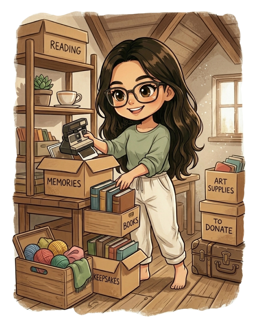 Ilustración de Luza ordenando sus pertenencias